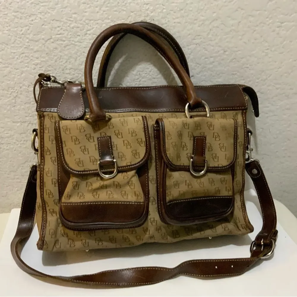 Dooney Bourke Monogram Signature Brown Textile Satchel Shoulder Bag  13x10x4